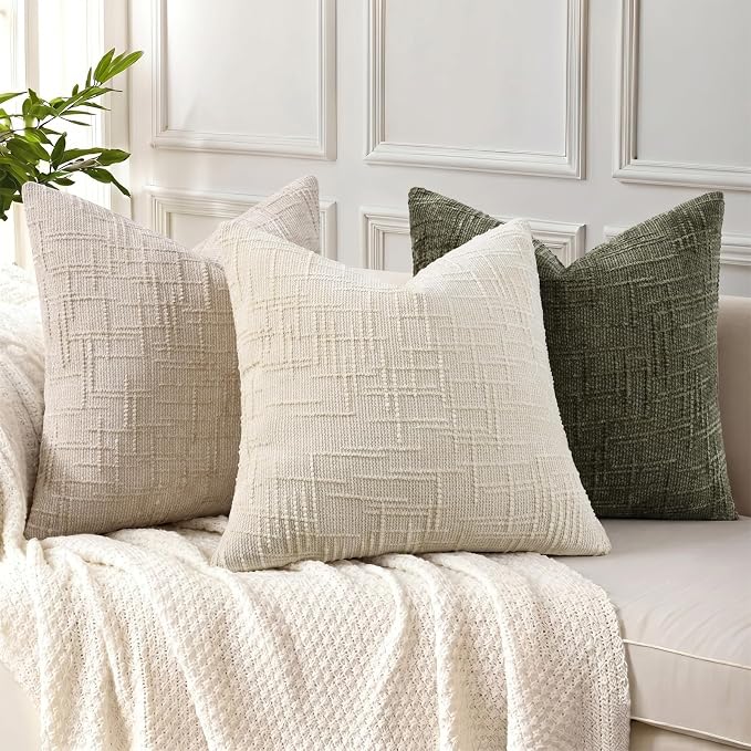 decorUhome Textured Chenille Throw Pillow Covers 16x16 Set of 2 Army Green | Fall Modern Farmhouse Soft Cozy Slubby Couch Pillow Cases Boho Decorative Pillow Cases for Bed Sofa Living Room Home Decor
