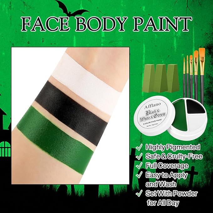 White Black Green Face Body Paint Witch Halloween Makeup Set- Oil-Based Facepaint with Brushes & Sponges for Kids Adults, Full Coverage Bodypaint for Monster Grinch Shrek Hulk Alien SFX Cosplay Party