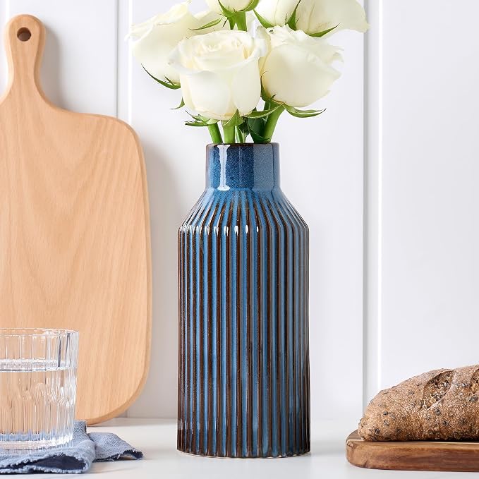 STHIE 8 Inches Ceramic Flower Vase, Blue Vases for Centerpieces | Flambé Reactive Glaze,Minimalist Modern Home Decor, Pampas Grass Vase for Table, Fireplace, Shelf, Mantel, Entryway
