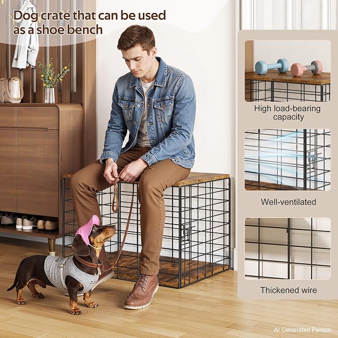 24in Extra Small Dog Crate Furniture, Indoor Kennel End Table under 10 lb，Stylish Durable Indoor Dog Kennel with Storage Top & Secure Lock, Decorative Pet Cage for Chihuahua Yorkie & XS Dog