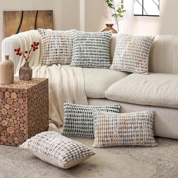 Aeckself Boho Chenille Tufted Pillow Cover 12 x 20 Inch, Rectangle Decorative Lumbar Throw Pillow Cover Neutral Pillowcase for Couch Bedroom Living Room, Yellow White