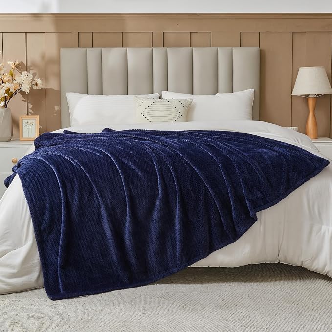 NEWCOSPLAY Fleece Leaves Pattern Twin Blanket, Dark Navy, 60"x80" | Super Soft Throw Blanket, Lightweight Cozy Bed Sofa Blanket, Premium Silky Flannel Fleece, Travel Blanket for All Season Use