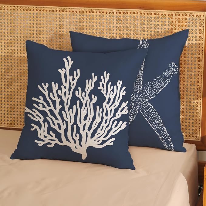 Navy Blue Coral Starfish Pillow Covers 20x20 Inch Set of 2 Coastal Throw Pillows Spring Summer Nautical Beach Ocean Decorations Linen Pillowcase Outdoor Decor Farmhouse Cushion Case for Home