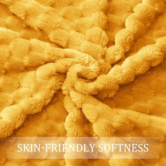 Exclusivo Mezcla 3D Fleece Queen Size Blanket for Bed, Mustard Yellow | Extra Soft Fuzzy Plush Lightweight Bed Blankets, Cozy Fluffy Decorative Blankets for All Seasons, 90x90 Inches