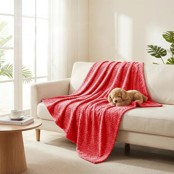 Exclusivo Mezcla Soft Fleece Throw Blanket for Couch, Cozy Lightweight Blankets with Decorative Wave Textured Suitable for All Season Use, Red, 50x70 Inches | 50"x70" Soft Breathable Lightweight Flannel Throws for Summer, Plush Cozy Jacquard Wave Blank...