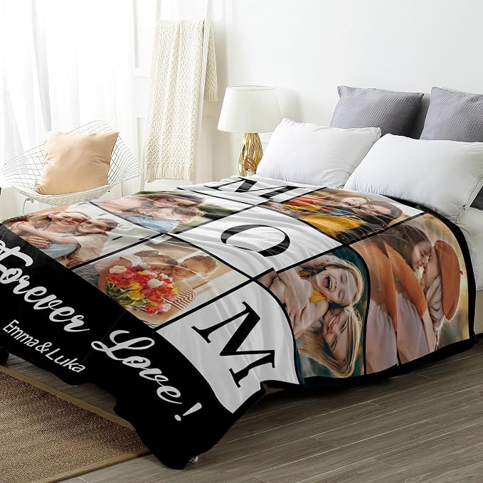 SHIPS NEXT DAY Personalized Mothers Day 2026 Gifts for Mom Wife Grandma Nana from Daughter Son Kids Husband Custom Blanket with Picture Photo Text Customized Blankets Christmas Birthday Gifts