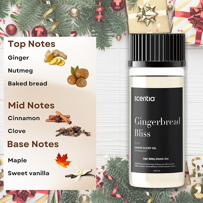 Scentia Gingerbread Bliss Fragrance Oil – 50ml Holiday Diffuser Oil | Warm Christmas Blend with Ginger, Nutmeg, Cinnamon & Vanilla | Perfect Stocking Stuffer, DIY Candles & Soaps