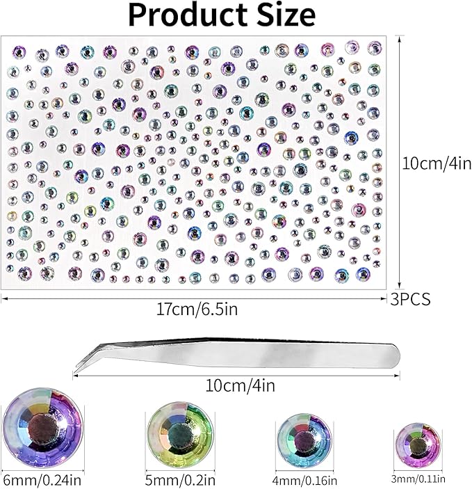 Gem Stickers Jewels for Crafts Rhinestone Stickers Face Gems Pearls for Makeup Stick on Body Dark Color Crystal Clear Decals 3/4/5/6MM Hair Nails Craft DIY Decor 975PCS
