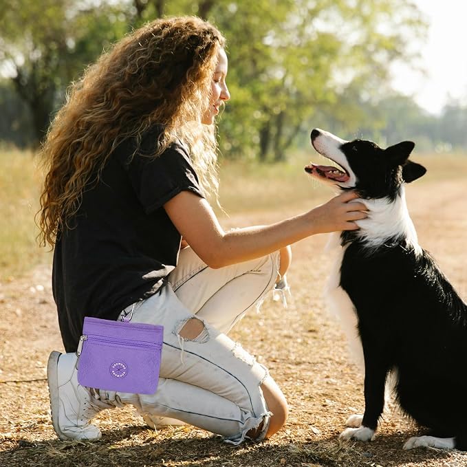 Dog Treat Pouch with Pet Training Clicker, Detachable Dog Puppy Training Treat Bag, 900D Oxford Cloth Magnetic Closure Small Dog Walking Bag for Travel or Outdoor Use (Purple)