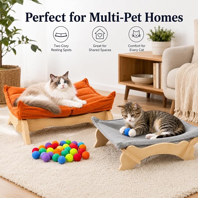 Elevated Cat Bed Wooden with Removable Washable Cushion | Solid Wood Raised Pet Lounge for Indoor Cats and Small Dogs, Cat Furniture for Living Room, Multi Pet Homes