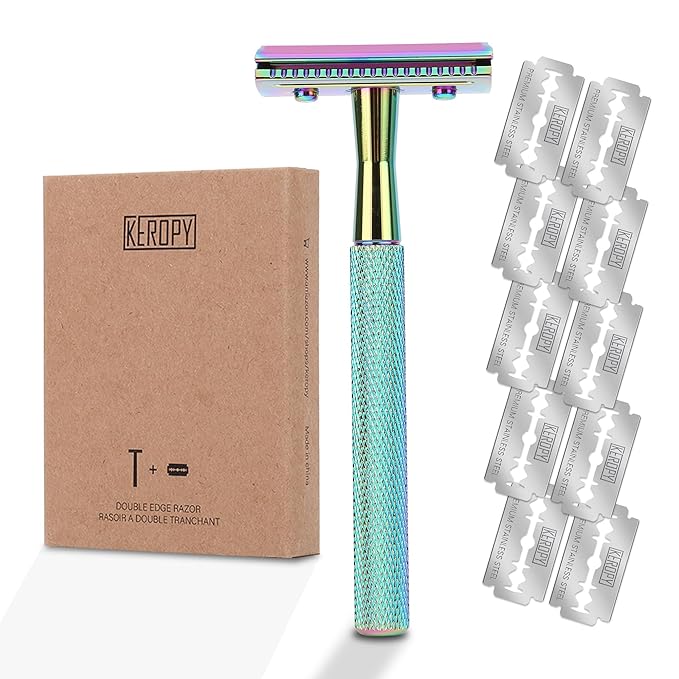 Keropy Safety Razor For Man With 10 Premium Stainless Steel Razor Blade Reusable Single Blade Razors For Men and Women, Double Edge Razor, Rainbow