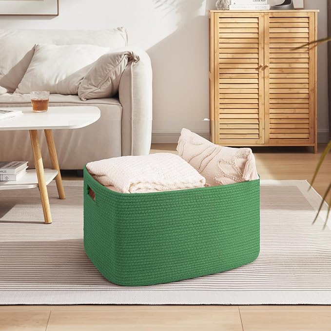 OIAHOMY 75L Large Blanket Basket, Woven Cotton Rope Baskets for Organizing 22”x17”x12”, Blanket Basket living Room, Toy Storage Bins for Nursery, Green