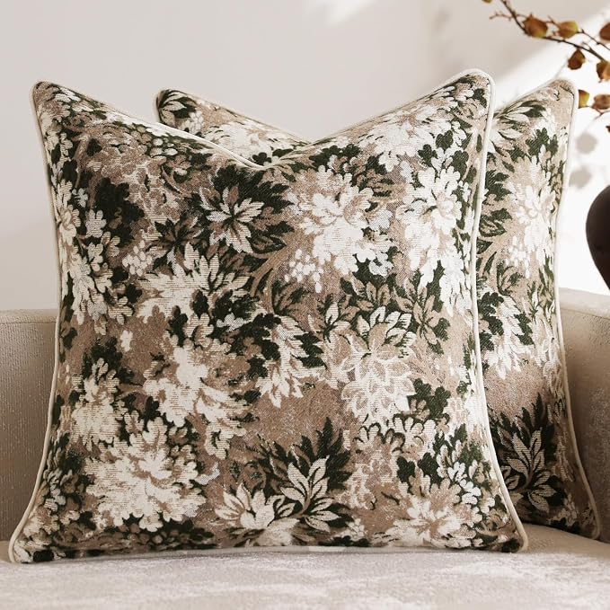 Pack of 2 Vintage Floral Euro Sham Covers 24x24 Boho Farmhouse Accents Chenille Square Decorative Throw Pillow Cases for Living Room Couch Bed Home Decor, Green and Taupe