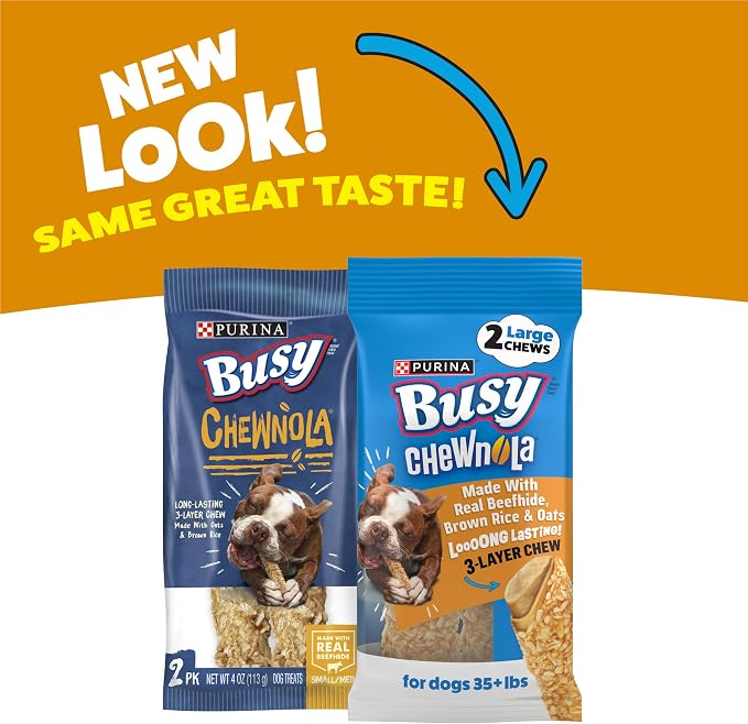 Purina Busy Rawhide Small/Medium Breed Dog Bones, Chewnola with Oats & Brown Rice - (Pack of 12) 2 ct. Pouches | Three-layer dog treat made with wholesome grains and a real beefhide center, long-lasting chew that helps clean teeth