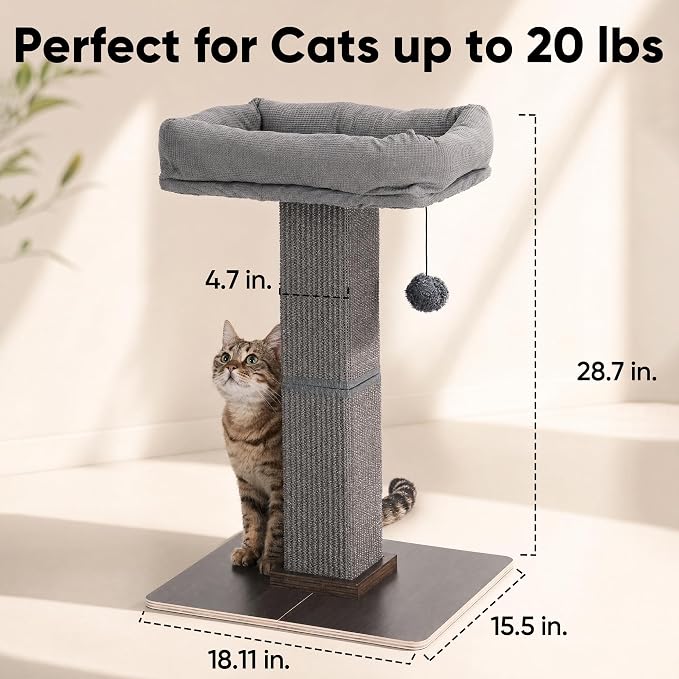 FUKUMARU Retro-Style Cat Scratching Post with Perch for Indoor Adult Cats | 28.7" Elevated Tall Cat Bed, Solid Wood Large Cat Scratcher Tower with Bed, Aesthetic Cat Tree Furniture with Natural Sisal