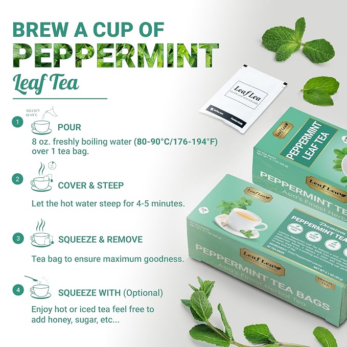 LeafLea Peppermint Tea Bags, Pure Single-Ingredient Mint Tea, 40 Count | Just Real Peppermint Leaves, Cool Refreshing Taste, Te De Menta, Caffeine-Free, Vegan, Individually Foil-Wrapped