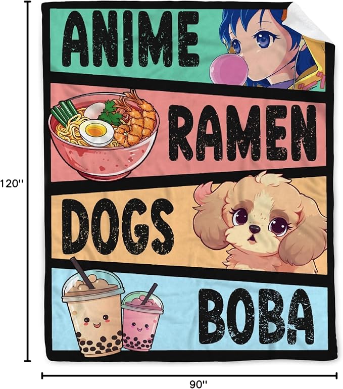 Anime Blanket Gifts for Girls - Kawaii Decor for Women, Ramen Dogs Boba Flannel Blanket - Luxurious Warm and Cozy XL 90x120 Inch for Family