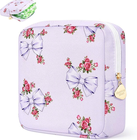 Sanitary Pad Storage Bag Portable Period Bag for Teen Pads/Sanitary Napkins/Small Tampons, Sanitary Napkin Storage Bag First Period Gifts for Teen Girls (Purple Rose Bowknot)
