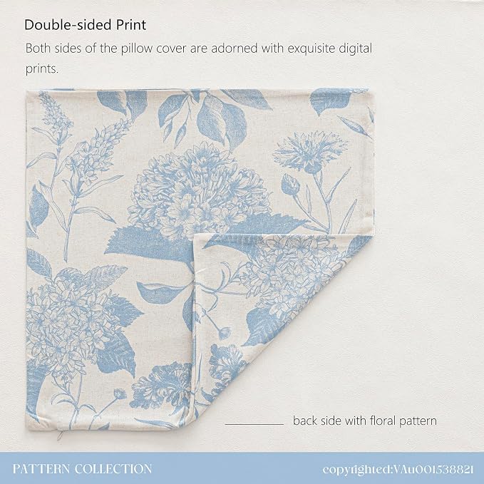 Foindtower Set of 2 Linen Floral Vintage Throw Pillow Covers Neutral Accent Decorative Cozy Cushion Covers Farmhouse Boho Home Decor for Sofa Chair Couch Bedroom Living Room,22×22 Inch,Sky Blue