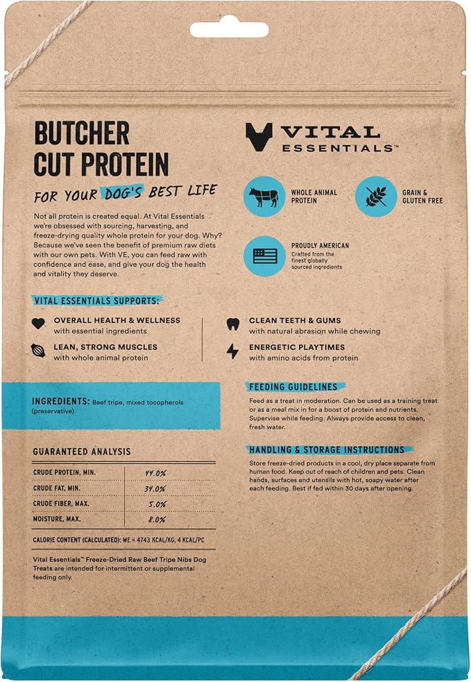 Vital Essentials Freeze Dried Dog Treats, Beef Tripe Nibs, 14 oz Bag