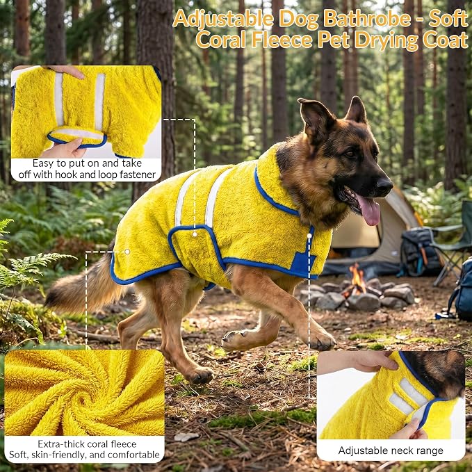 Bienbee Dog Bathrobe, Super Absorbent for Small to Large Dogs, Yellow 2XL | Dog Robes with Soft Fleece, Warm & Cozy, Adjustable Fit, and Quick Drying Coat for Baths Swimming and Grooming