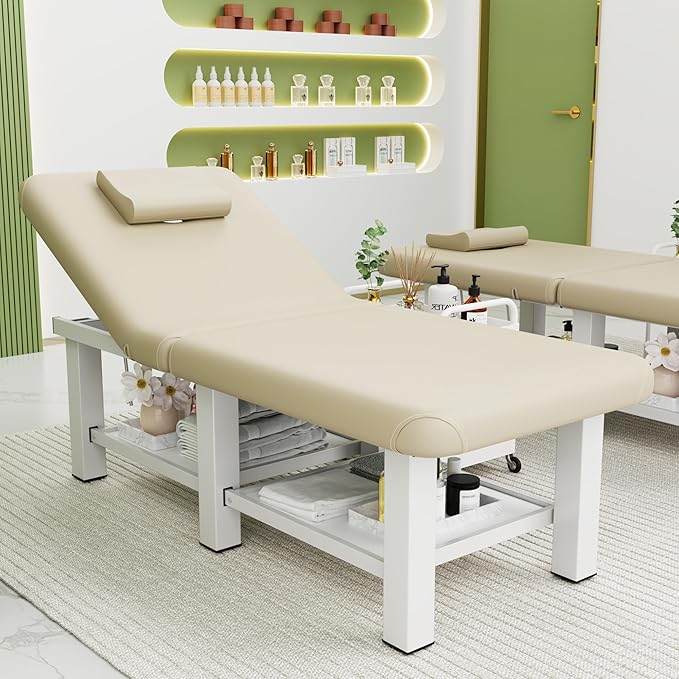 pouseayar Stationary Massage Table Folding Bed with Backrest for Treatment Table Physical Therapy Table Spa Facial Bed, Metal Frame PU Leather, 30.5'' Wide × 75'' Long - Beige Gray