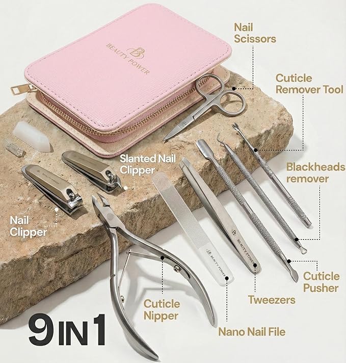 Beauty Power 9 in 1 Professional Manicure Pedicure Set - Stainless Steel Nail Clippers, Nano File, Cuticle Nipper, Scissors, Tweezers, Travel PU Leather Case for Men & Women - Gift Ready New (Pink)