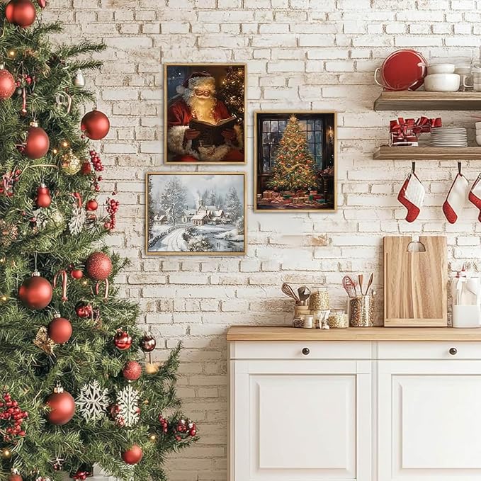 Vintage Christmas Santa Poster Set of 6, Santa Claus Pictures Wall Art Christmas Tree Wall Decor Painting Rustic Holiday Canvas Print Artwork for Living Room Farmhouse 12x16 inch Unframed