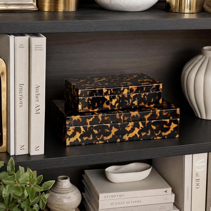 ZICOTO Decorative Storage Boxes with Lids - Set of 2 Beautiful Organizer Bins for Your Bookshelf Home Decor - Safely Store Photos, Documents and Memory Box Keepsakes on Your Shelves in Style