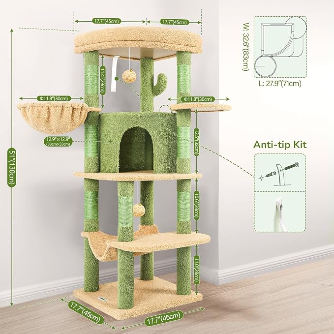 Globlazer Cactus Corner Cat Tree Tower with Scratching Post, C51, Green | 51in Space-Saving Multi-Level Green Cat Condo for Indoor Cats with Hammock, Large Top Perch for Large Cats, Cozy Cat Cave