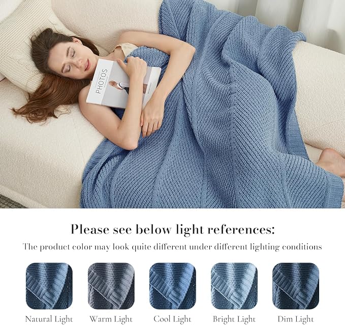 Knit Throw Blanket, Soft Chenille Cozy Breathable Chevron Chunky Decorative Blanket for Couch, Bed & Sofa, French-Inspired Lightweight Warm Gift for Women, Washed Blue, 50"x60"
