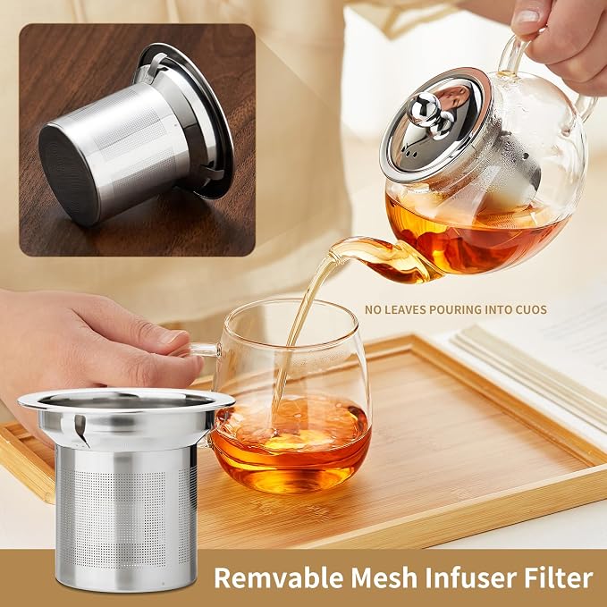Glass Teapot with Removable Infuser, 20 oz/600ml Glass Tea Pot Small Borosilicate Tea Steeper Kettle with Loose Leaf Tea Strainer For Flower Blooming Tea, ClearTea Maker Pitcher