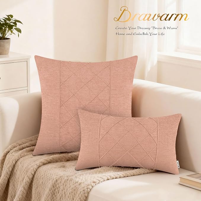 BRAWARM Chenille Throw Pillow Covers 18x18 Inches, Dusty Pink, 2 Pack | Decorative Pleated Pillow Covers, Soft Cushion Cases for Sofa Bed Living Room Home Farmhouse (No Insert)