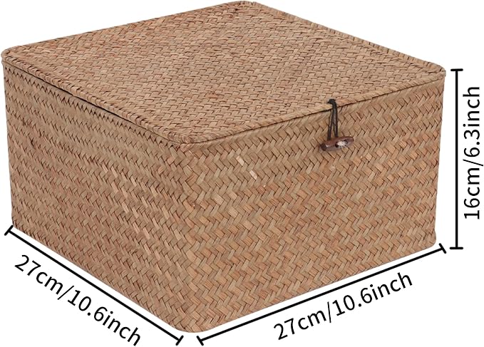 Moosky Wicker Shelf Baskets with Lid, Handwoven Seagrass Storage Basket Bins Square Gift Boxes for Shelves Home Decor Organizer (Coffee, Large)