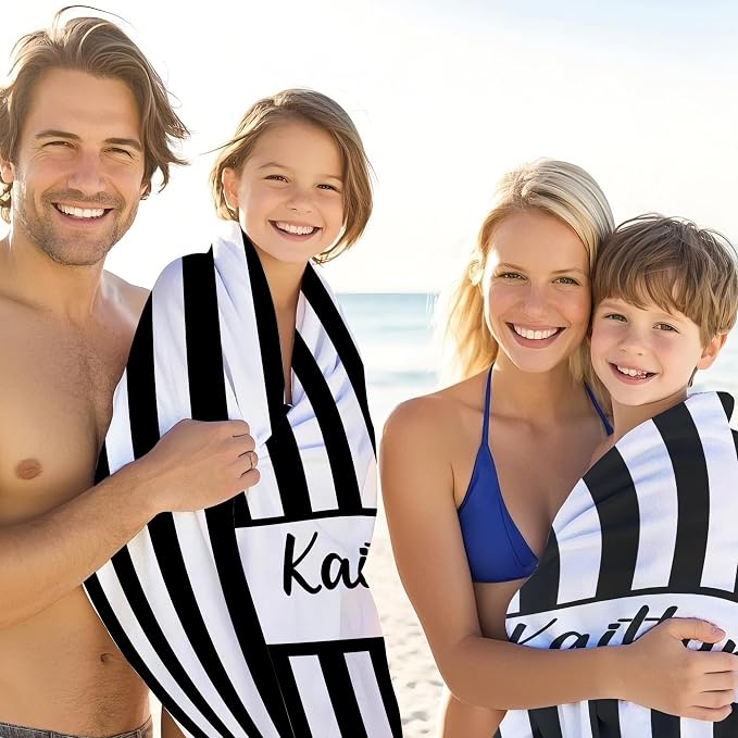 JML Personalized Beach Towel with Name, Custom Cabana Stripe Beach Towel, Customized Microfiber Pool Towel, Quick Dry & Absorbent Swim Towel for Adult,Anniversary, Birthday, Summer Holiday,Vacation