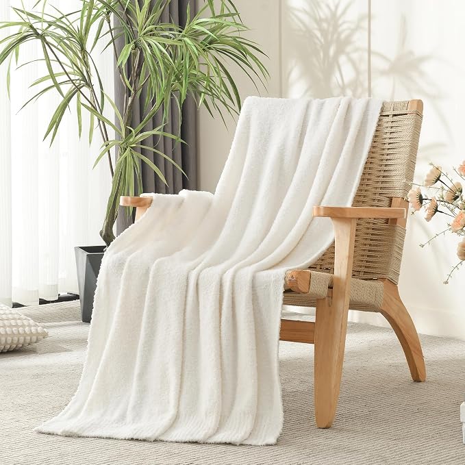 Cream Throw Blanket for Bed, Super Soft Knit Blankets, Cozy Fleece Fuzzy Fluffy Plush Chenille Throws Blanket for Couch, Sofa, Cream, 60 x 80 inches