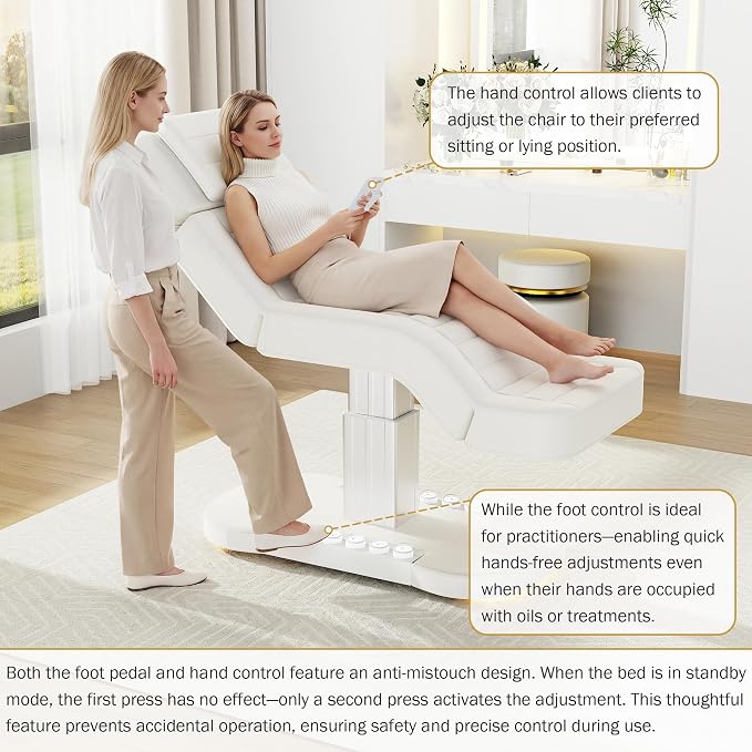3 Motor Electric Massage Table - Heavy Duty Professional Massage Table with Electric Backrest, Foot Pedal & Height, Esthetician Tables with LED Light, Metal Pedestal and PU Leather for Spa, Beauty