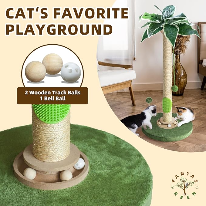Fantasreen Cat Scratching Post 33'' Tall with Toy, Self Groomer for Indoor Cats