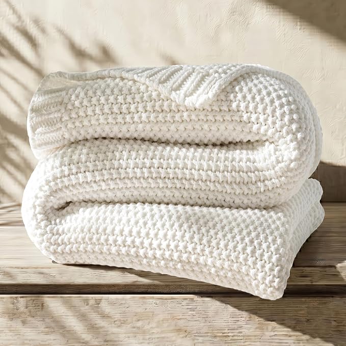 Organic Cotton Chunky Knit Throw Blanket, 50 x 60 Bright White | OCS Certified Organic Cotton, Seed Stitch Knit, Soft & Breathable, Cozy Midweight, Decorative Throw for Couch, Bed & Sofa