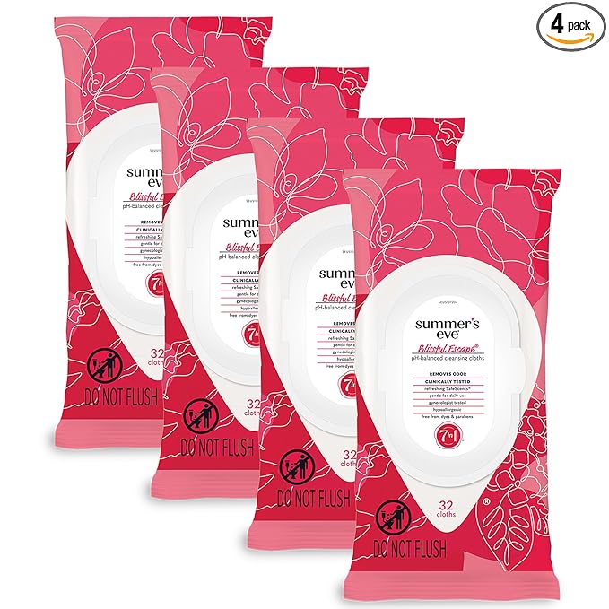 Summer's Eve Feminine Wipes, Blissful Escape, Vaginal Wipes, Feminine Care to Help Remove Vaginal Odor, Gynecologist Tested, 32 Wipes, Pack of 4