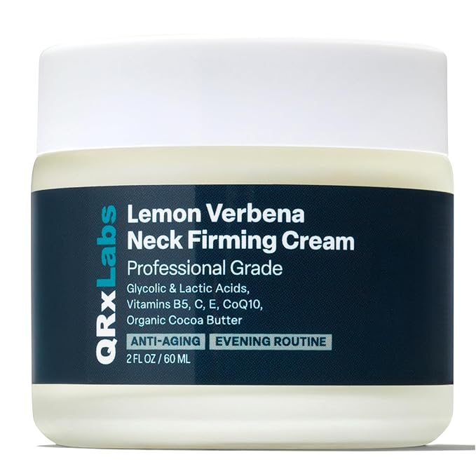 QRxLabs Lemon Verbena Neck Firming Cream – Tightening & Lifting Moisturizer for Loose, Wrinkled or Sagging Skin, Decollete & Chest – Best to Prevent Turkey/Crepe Neck – 2 fl oz