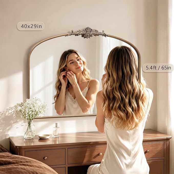 Besdomus Vintage Arched Gold Mirror: 40"x29" Large Brass Antique Decorative | French Baroque Metal Framed Mirrors - Traditional Ornate for Entryway/Bedroom/Fireplace/Bathroom - Ideal for Home Renovations