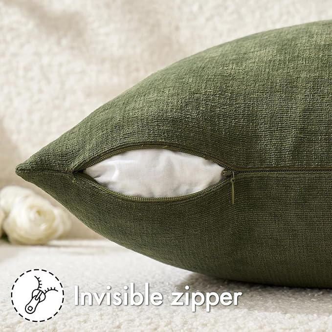 MIULEE Olive Green Chenille Couch Lumbar Throw Pillow Covers, 12x20 | Set of 2, Soft Modern Farmhouse Style, Decorative Pillowcases for Sofa Living Room Bed, Home Decor