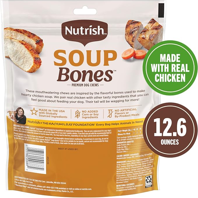 Nutrish Soup Bones Chicken Dog Chews, 12.6 oz. Bag (6 Treats) (Rachael Ray) | Rawhide-Free, Contains No Artificial Flavors or By-Product Meals, Soft Texture, Easy on Gums, Resealable Bag