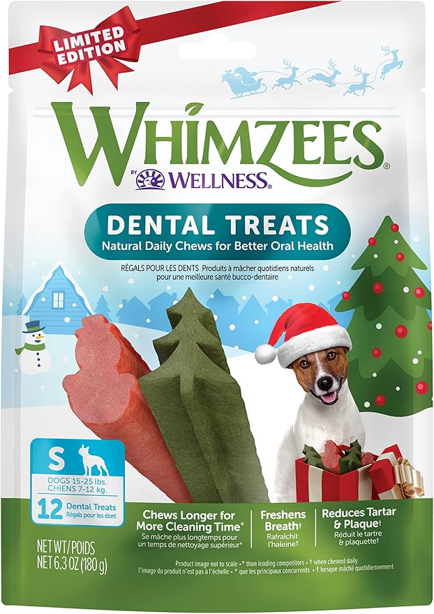 Wellness WHIMZEES Holiday Natural Dog Dental Treat, Christmas Winter Seasonal Gift, Chews, Freshens Breath, Small Size, 6.3 oz Bag, 12 Count
