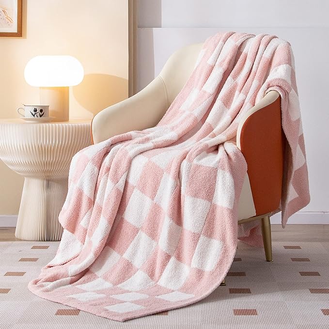 SeaRoomy Fuzzy Checkered Throw Blanket for Couch,Light Pink 60"X79" | Warm,Cozy,Fluffy,Lightweight,Gift for Women Couch Sofa Bed Room Decor
