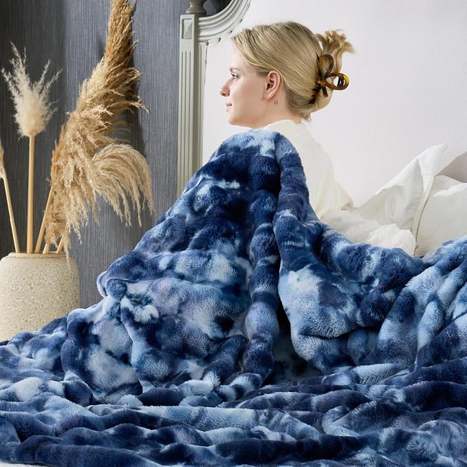 Cozy Bliss Deluxe Striped Rabbit Faux Fur Throw Blanket, Soft Fluffy Warm Plush Blanket for Winter, Modern Homr Decor, Tie-dye Blue 50"x60"