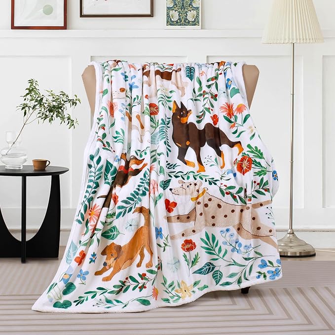 Dog Blanket Ultra Soft Floral Throw Blankets Gifts for Dog Lover Blanket Flower Leaves Flannel Fleece Throw Lightweight Warm Cozy Fuzzy Plus Cabin Blanket for Bed Sofa, 50" X 60"