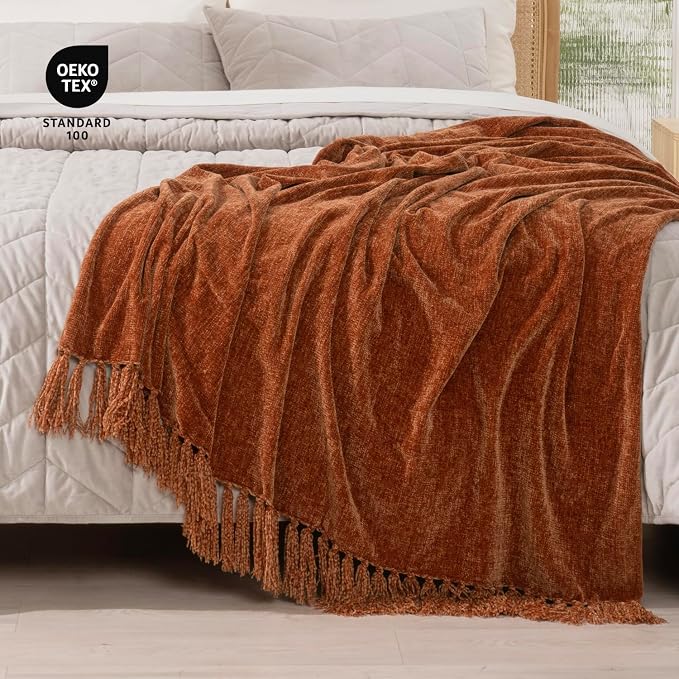 RECYCO Chenille Throw Blanket for Couch, 60"x80", Rust | Super Soft Knit Throw Blanket with Fringe Tassels, Lightweight Knitted Throw, Cozy, Ideal for Sofa Chair Bed Living Room Gift