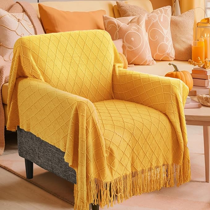 inhand Golden Yellow Knitted Throw Blanket for Couch and Bed, 50"x60" | Knit Fall Decor Halloween Blanket with Tassel, Lightweight Decorative Farmhouse Warm Woven Blankets and Throws for Women